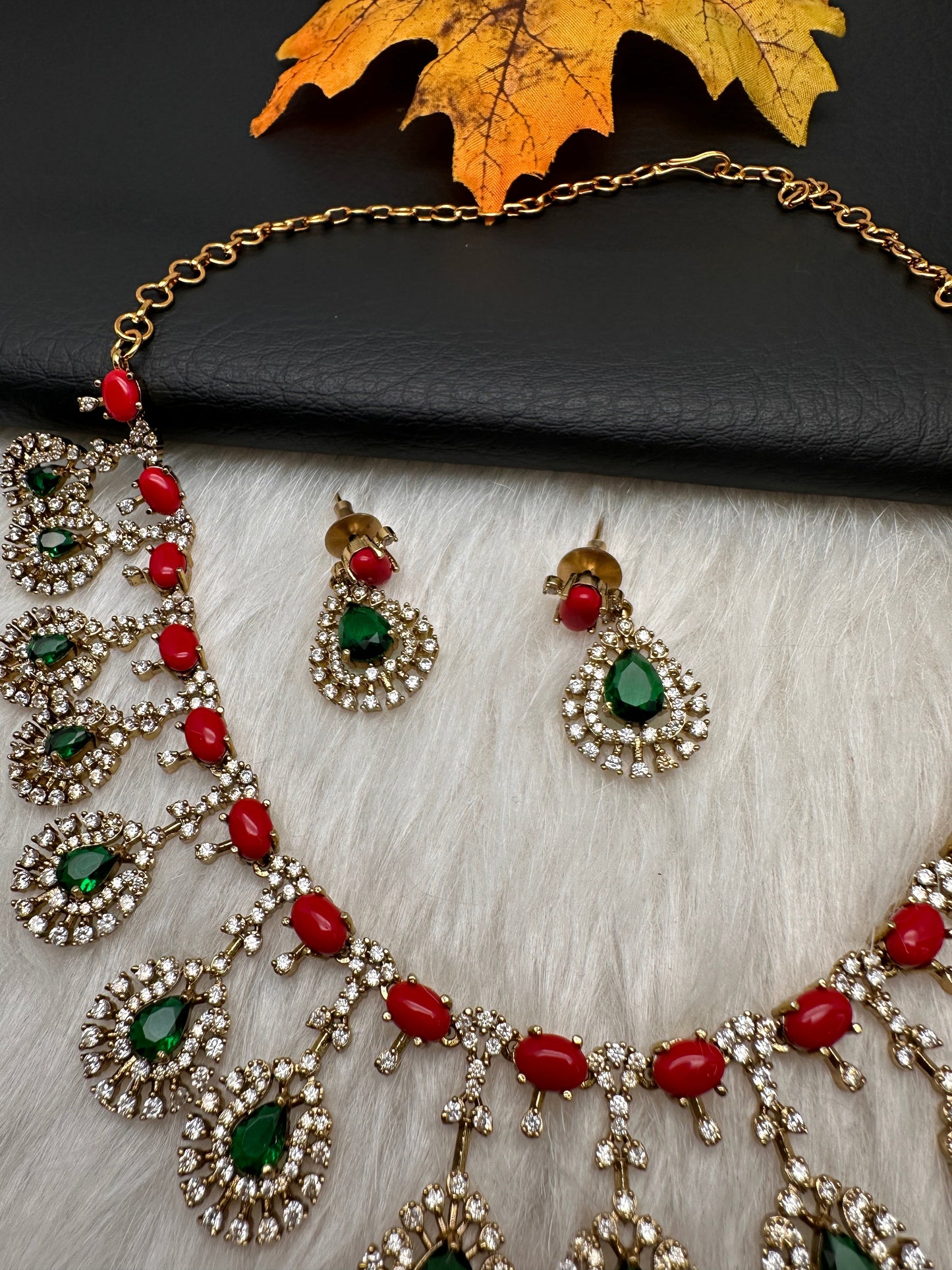 Victorian Coral Emerald Dainty Necklace