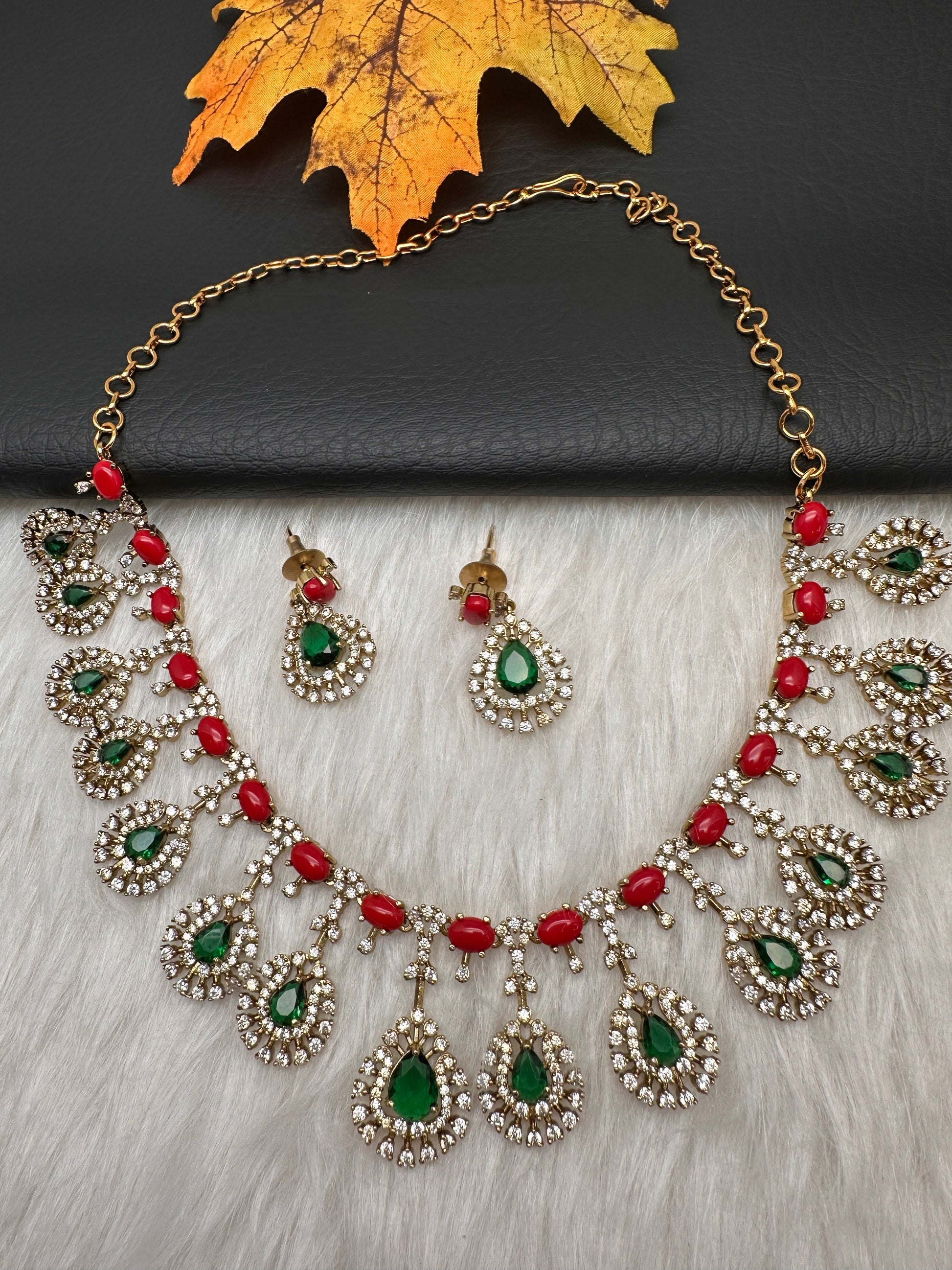 Victorian Coral Emerald Dainty Necklace