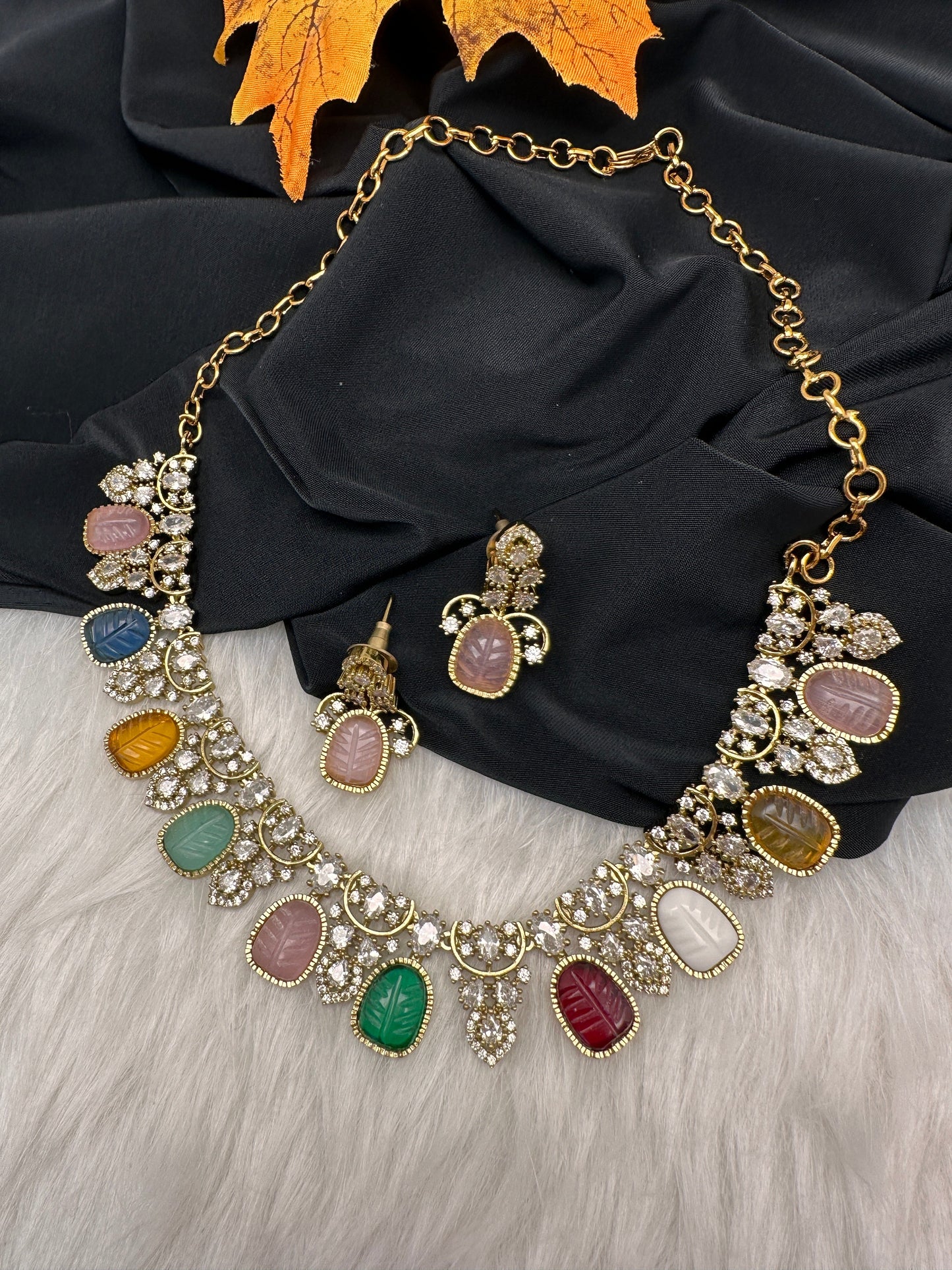 Multi Color Carved Stones  Neckline Necklace