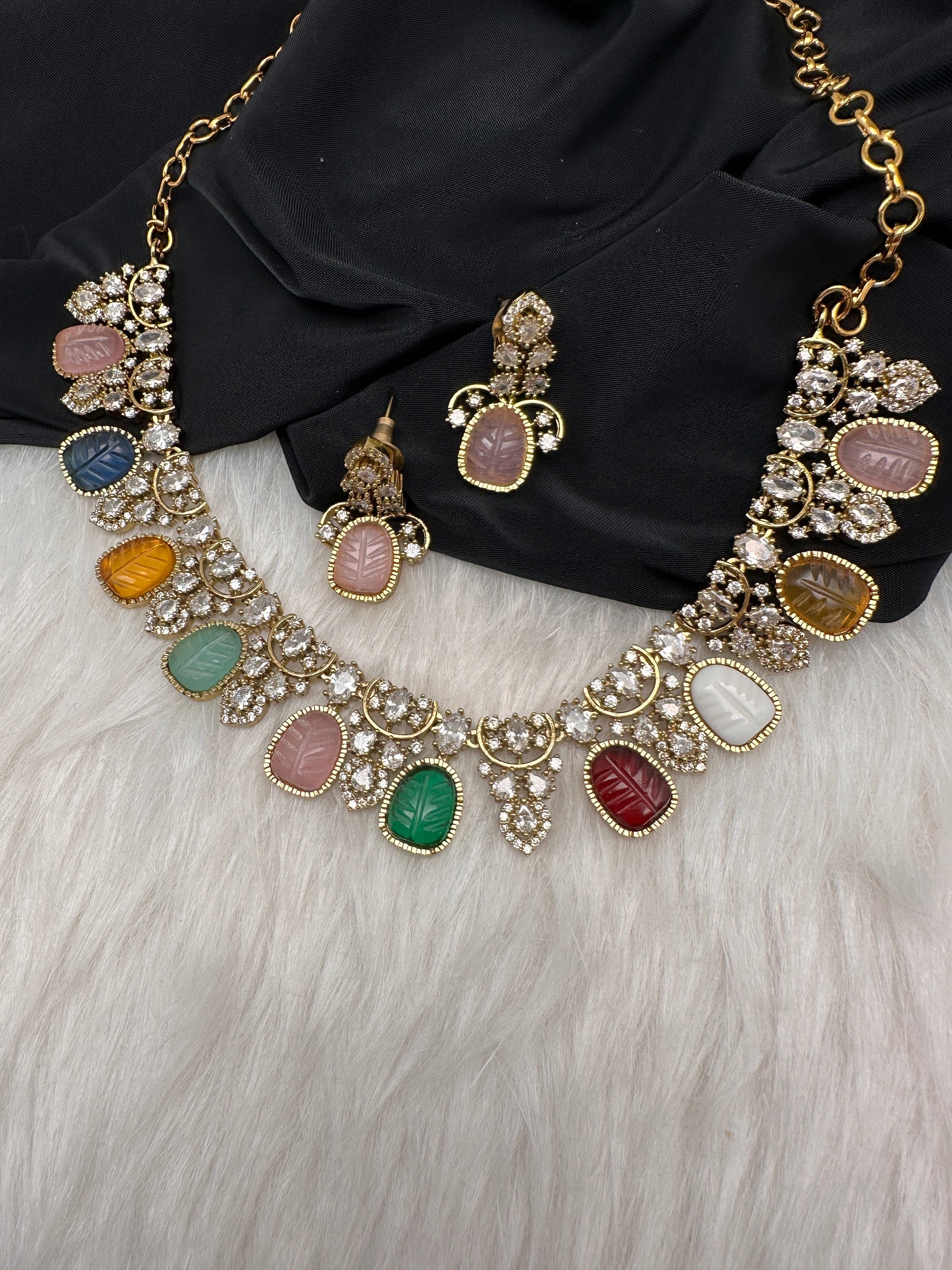 Multi Color Carved Stones  Neckline Necklace