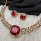 Doublet Mehendi Finish Neckline Color Stone Necklace - Red