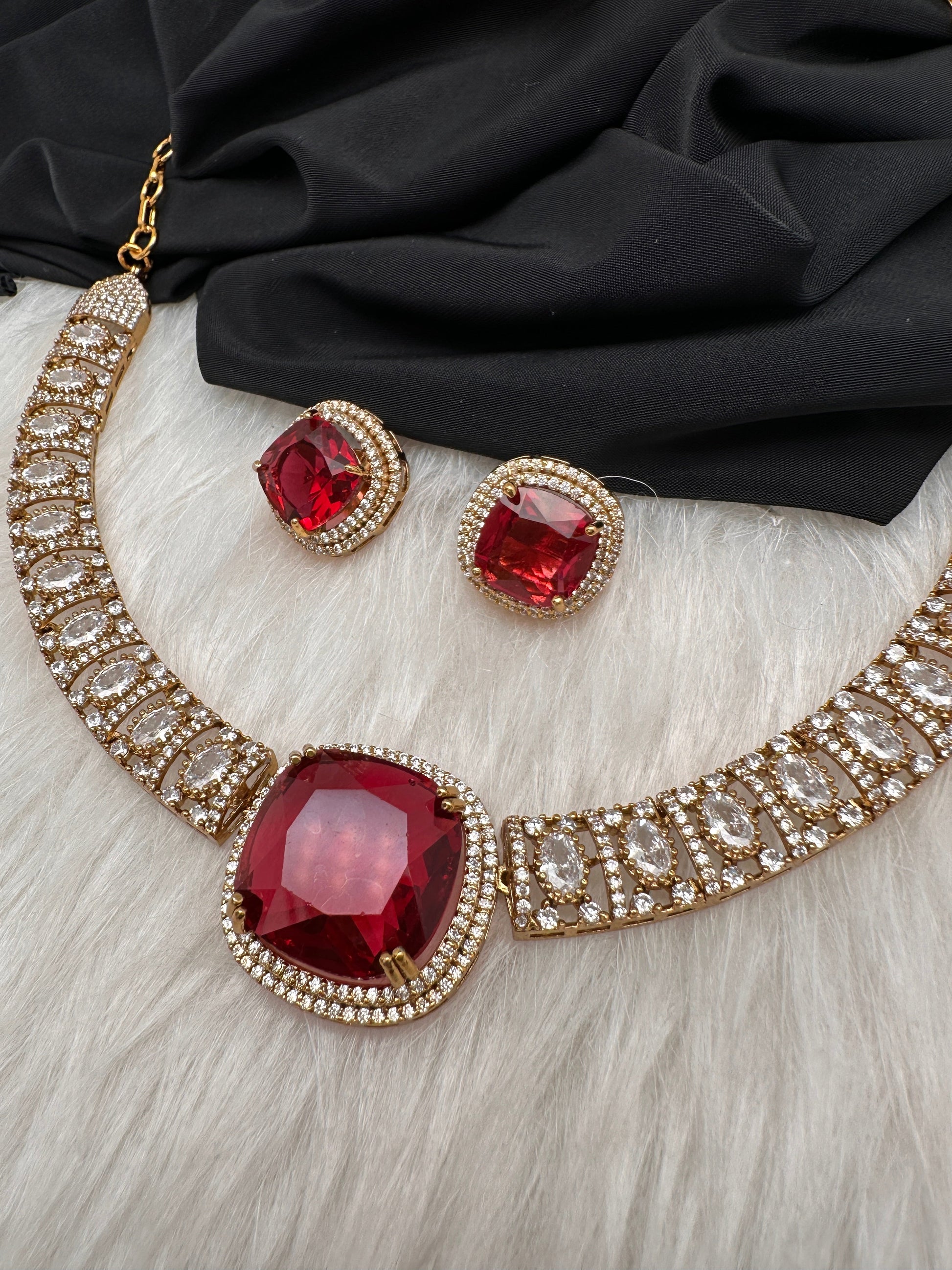 Doublet Mehendi Finish Neckline Color Stone Necklace - Red