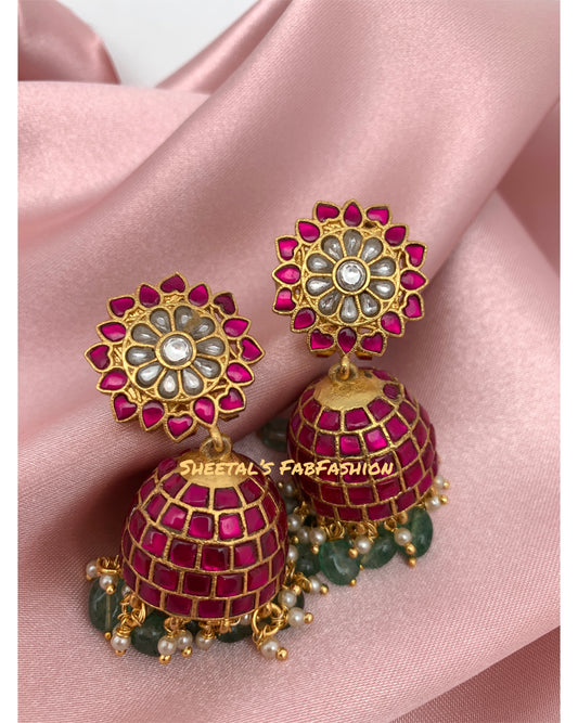 Red Jadau Kundan Emerald Beads Jhumki