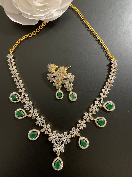 Diamond Finish American Diamond Emrald Green Stones Short Necklace