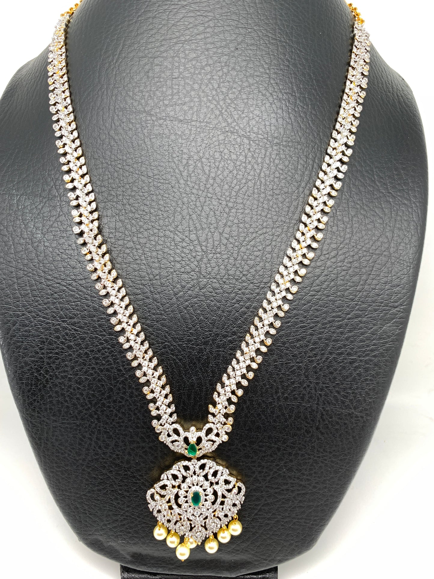 Diamond Finish American Diamond Emrald Green Stone Long Necklace