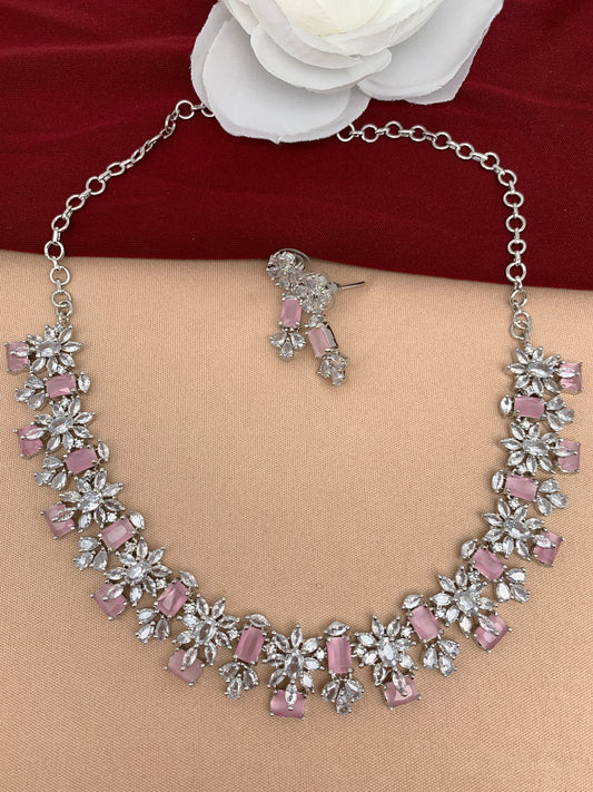 AD Silver Polish Baby Pink Stone Short Necklace