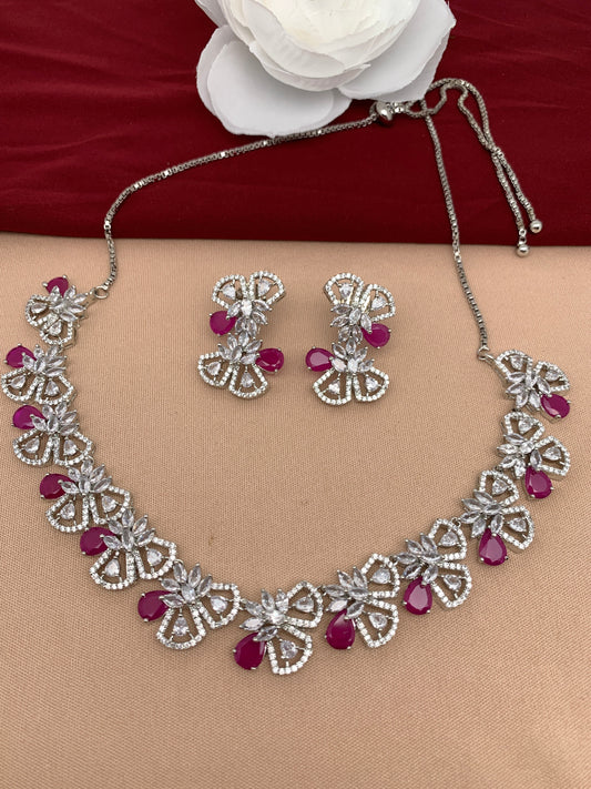 AD Silver Polish Pink Stone Adjustable Metal Chain Short Necklace