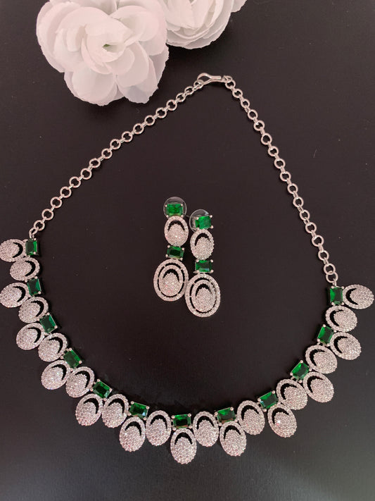 Green Stone Silver Polish American Diamond Short Necklace