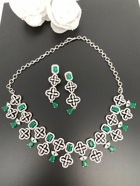 Emrald Green Stone American Diamond Short Necklace in Silver Polish