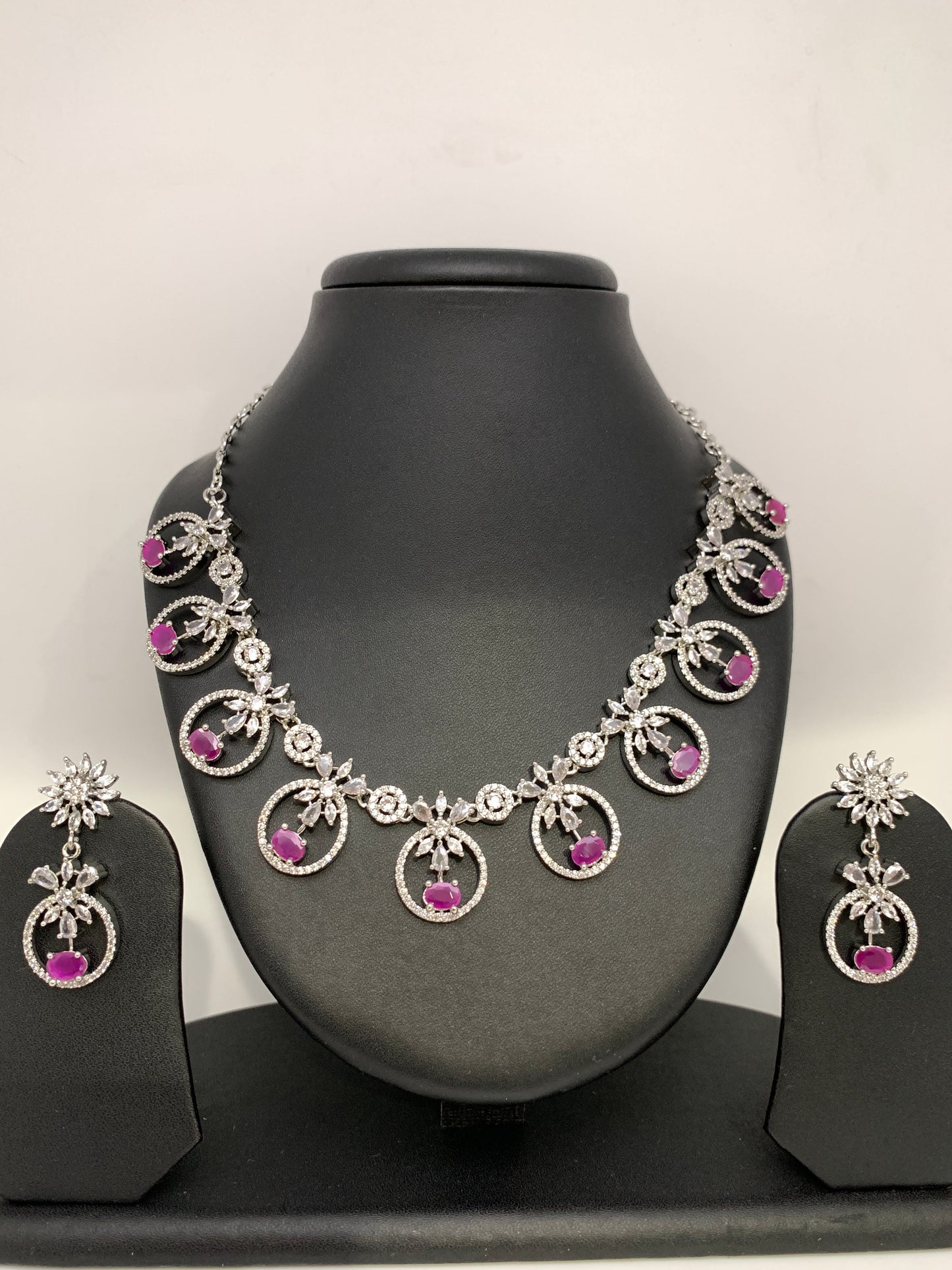 Pink Stone American Diamond Floral pattern Short Necklace in Silver Polish