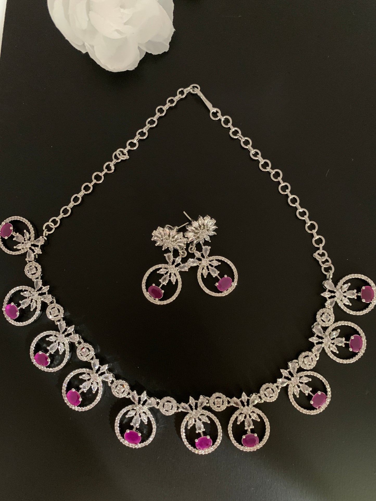 Pink Stone American Diamond Floral pattern Short Necklace in Silver Polish