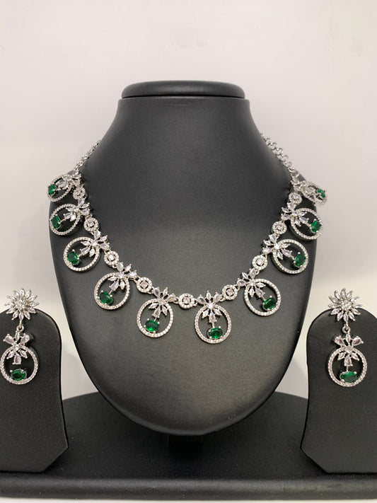 Green Stone American Diamond Floral pattern Short Necklace in Silver Polish