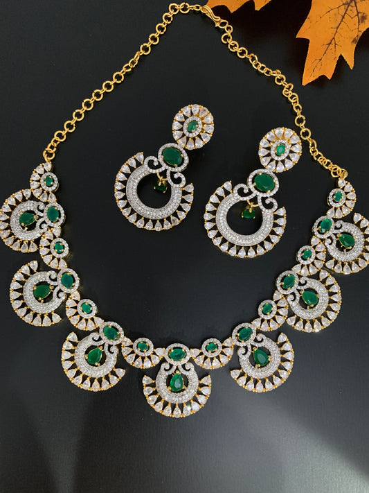 Green Stone American Diamond Finish Short Necklace