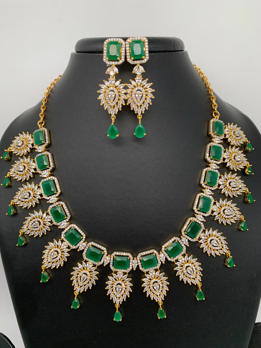 Green Stone Leaf Links American Diamond Finish Short Necklace