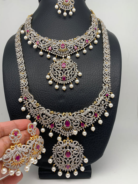 AD Diamond Finish Ganga Jamuna Polish Floral Red Stone Long Short Stiff Necklace Combo Set