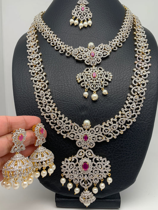 AD Diamond Finish Ganga Jamuna Polish Floral Red Stone Long Short Stiff Necklace Combo Set