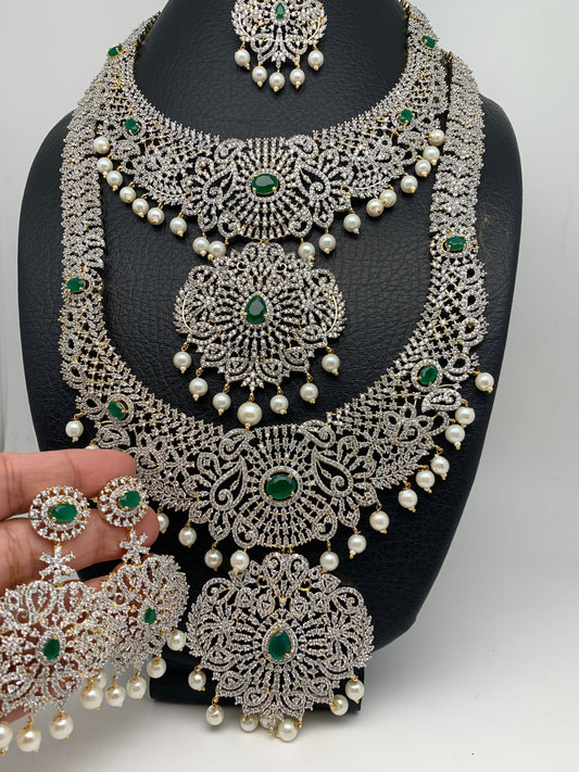 AD Diamond Finish Ganga Jamuna Polish Floral Green Stone Long Short Stiff Necklace Combo Set