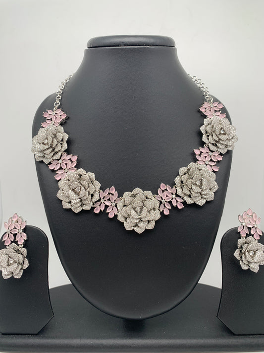 AD Diamond Finish Pink Stone Floral Pattern Neckline Short Necklace