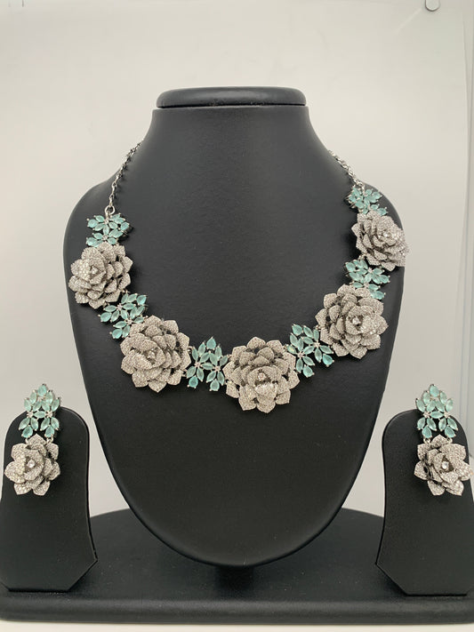 AD Diamond Finish Mint Green Stone Floral Pattern Neckline Short Necklace