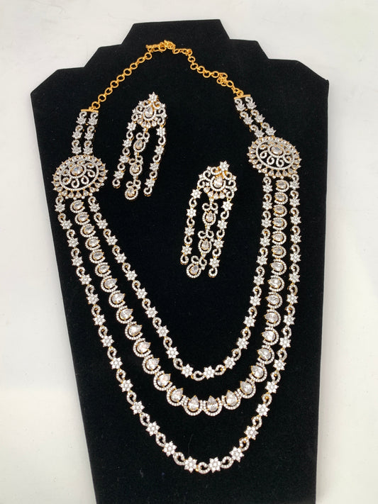 AD Uncut Diamond Triple Layer Long Necklace