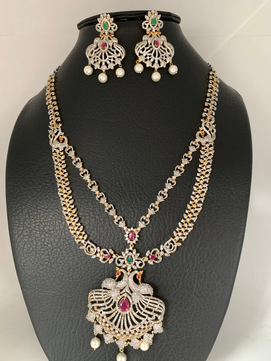 AD Multi Stone Peacock Ganga Jamuna Finish Long Necklace