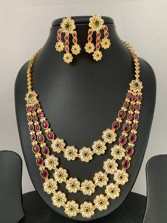 AD Multi Stone Floral Triple Layer Short Necklace