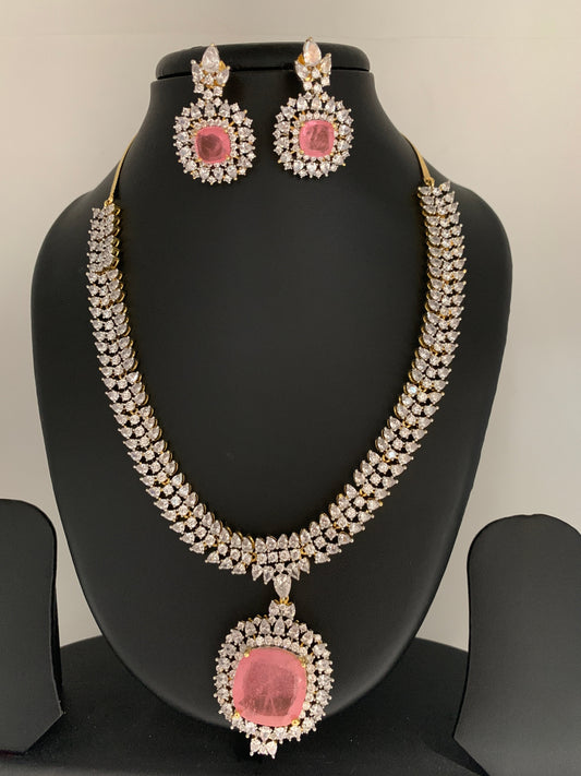 American Diamond Pink Doublet Stone Short Necklace