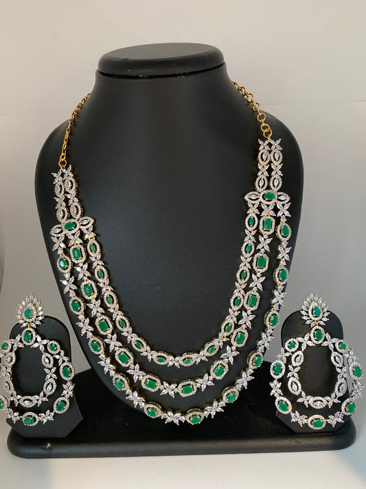 AD Emerald Green Stone Three Layer Short Necklace