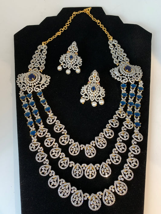 AD Blue Stone Multi Strand Peacock Design Long Necklace