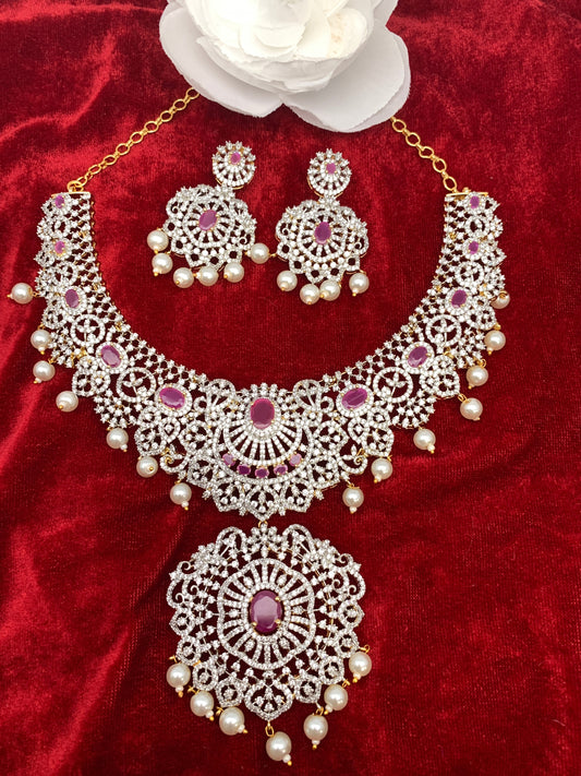 AD Ruby Red Stone Ganga Jamuna Polish Neckline Short Necklace