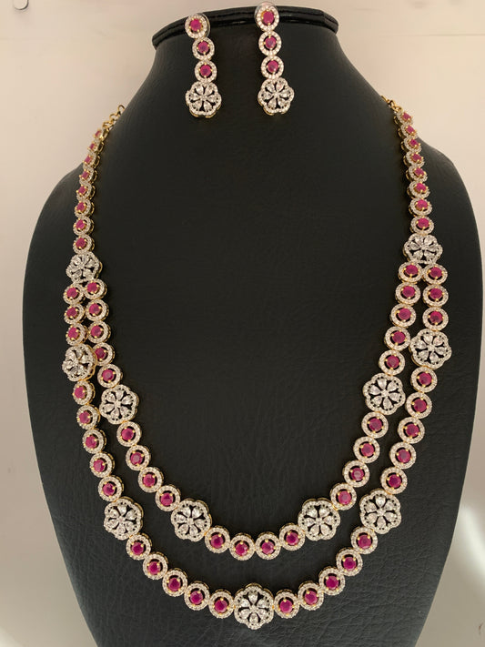 AD Ruby Red Stone Double Layer Long Necklace