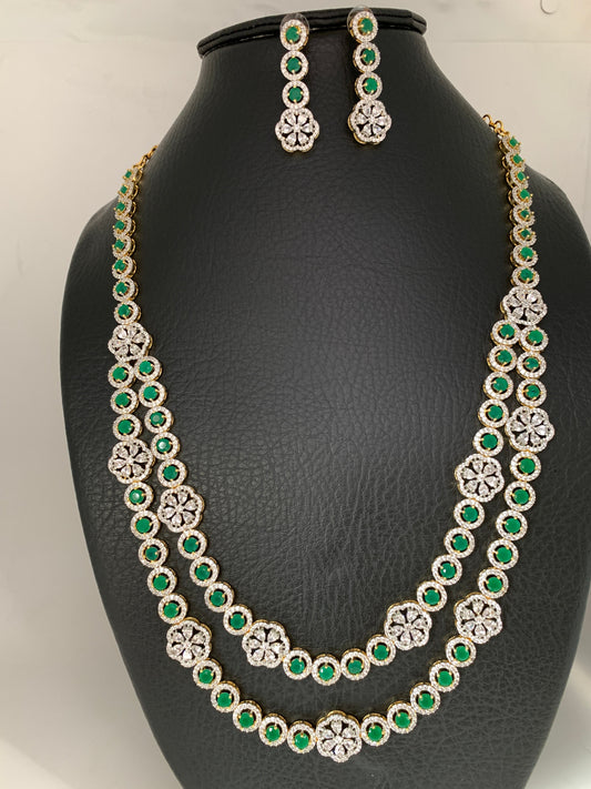 AD Emerald Green Stone Double Layer Long Necklace