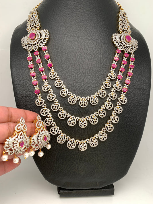 AD Ruby Pink Stone Multi Layer Long Necklace