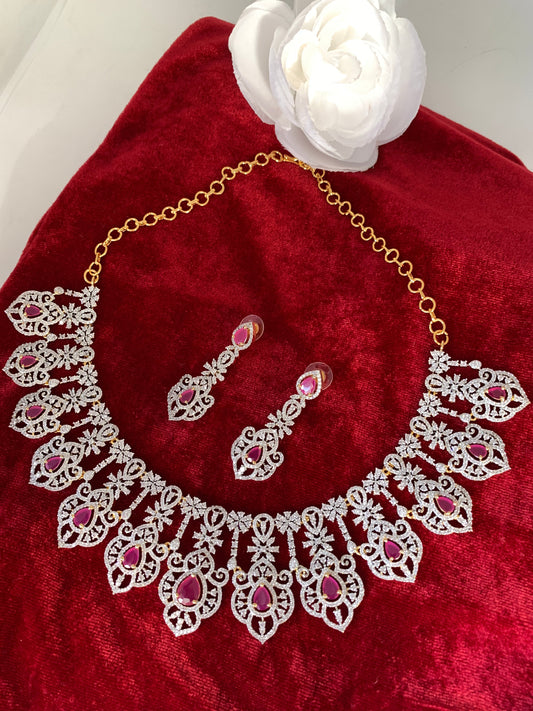 AD Ruby Red Stone Neckline Short Necklace