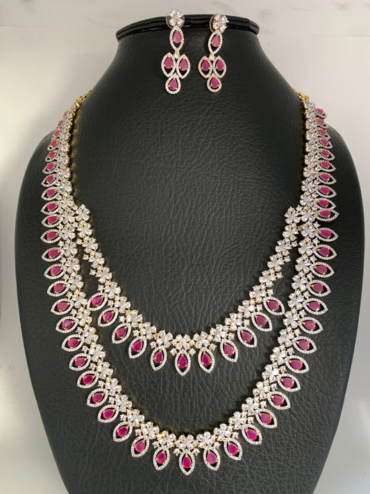 AD Ruby Red Stone Double Layer Long Necklace