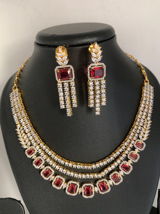 AD Wine Red Stone Multi Layer Short Necklace