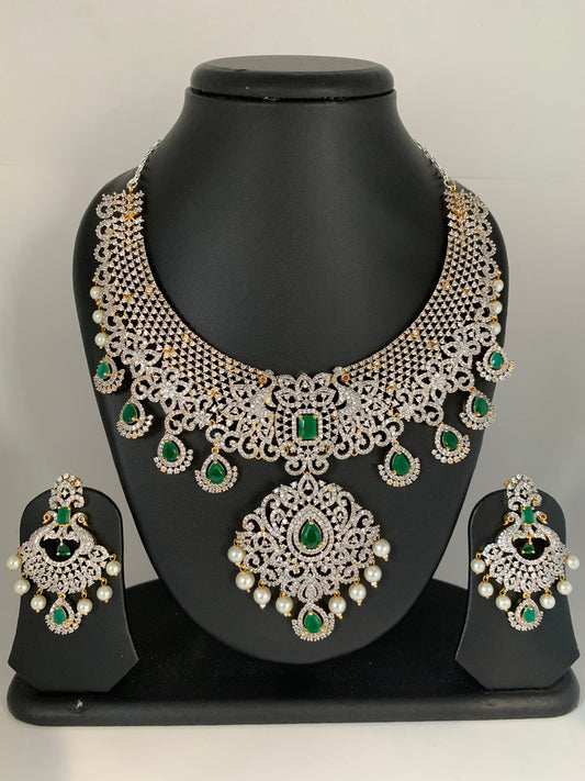 AD Emerald Green Stone Peacock Design Dual Tone Short Necklace