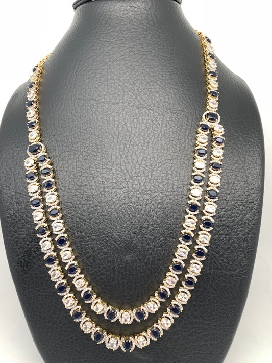 AD Double Line Sapphire Blue Stone Long Necklace