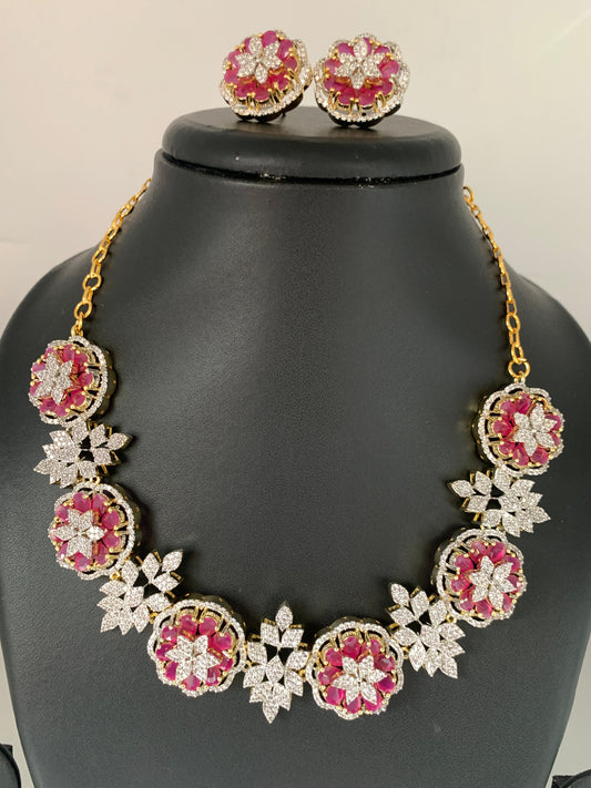 AD Ruby Red Stone Floral Links Neckline Short Necklace