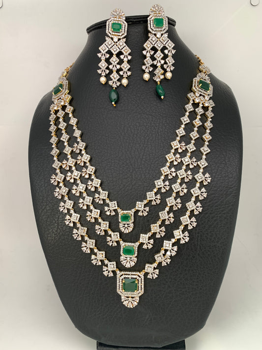 AD Emerald Green Stone Multi Layer Long Necklace