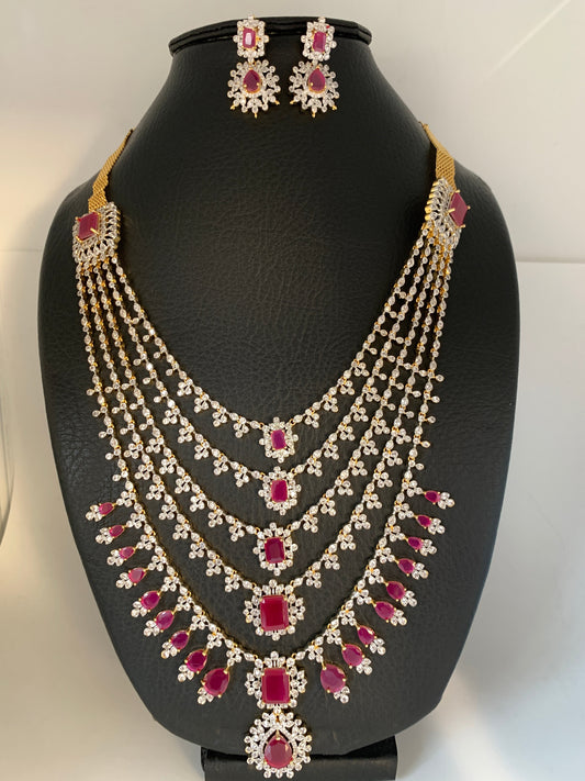 AD Ruby Red Stone Multi Layer Panch Lada Long Necklace