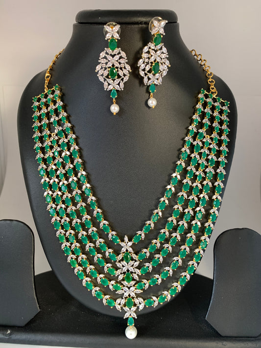 AD Emerald Green Stone Panch Lada Five Layer Short Necklace