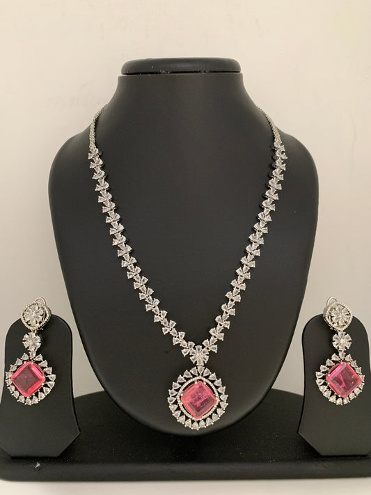 American Diamond Doublet Pink Stone Short Neckalce