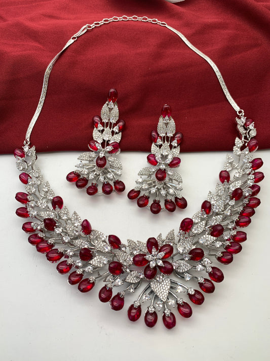 AD Deep Red Stone Silver Finish Neckline Short Neckalce