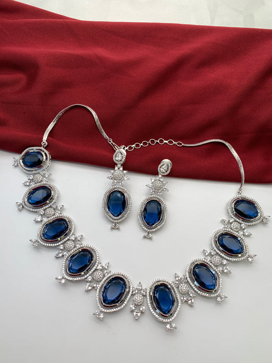 CZ Sapphire Blue Doublet Stone Silver Finish Short Neckalce