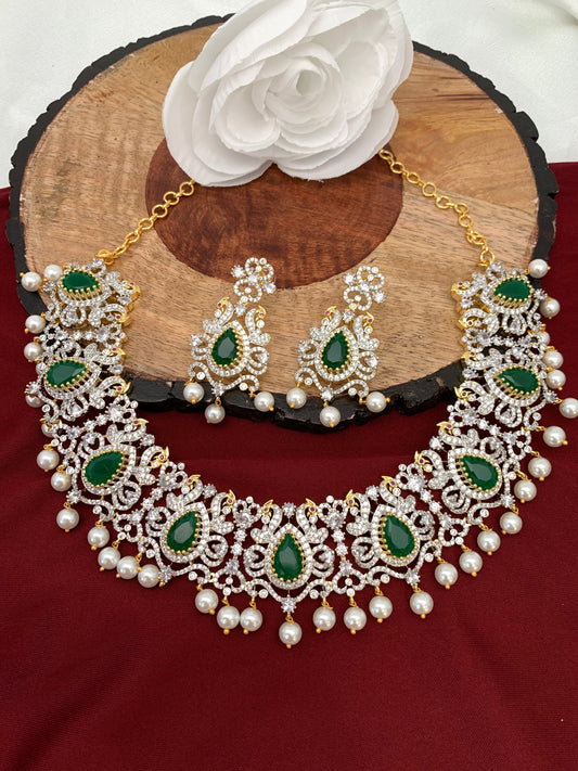 AD Emerald Green Stone Peacock Design Short Neckline Neckalce