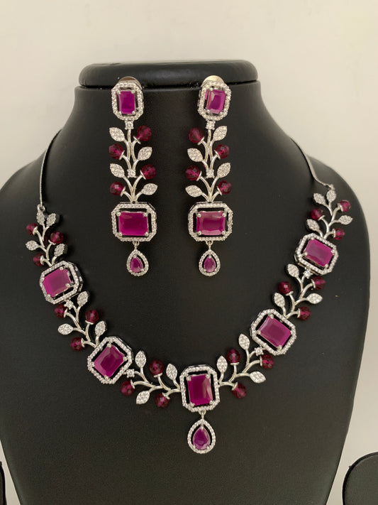 AD Red Stone Silver Finish Short Neckline Neckalce