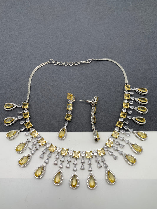 Doublet Stone Silver Finish Short Necklace - Yellow