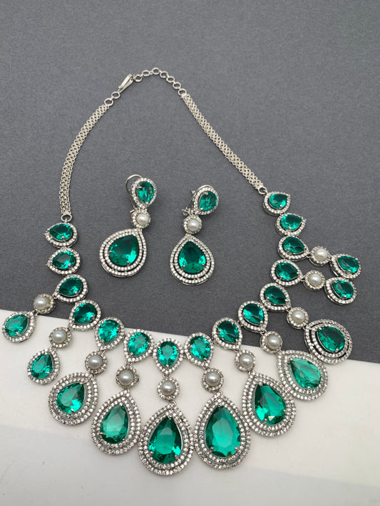 Green Doublet Stone Silver Finish Short Necklace