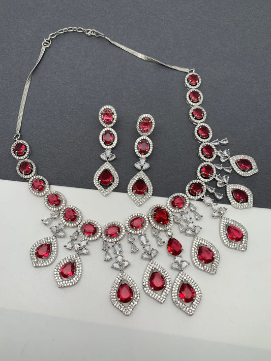 AD Wine Red Doublet Stone Silver Finish Short Necklace